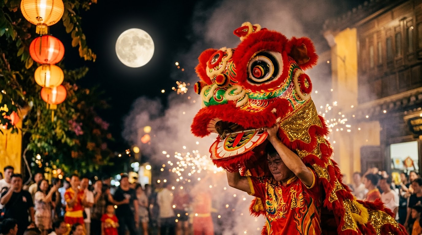 Hình ảnh múa lân Trung Thu đẹp và rộn ràng không khí ngày hội Hình ảnh múa lân Trung Thu sôi động với đoàn lân biểu diễn cùng đội trống hội trong không khí lễ hội