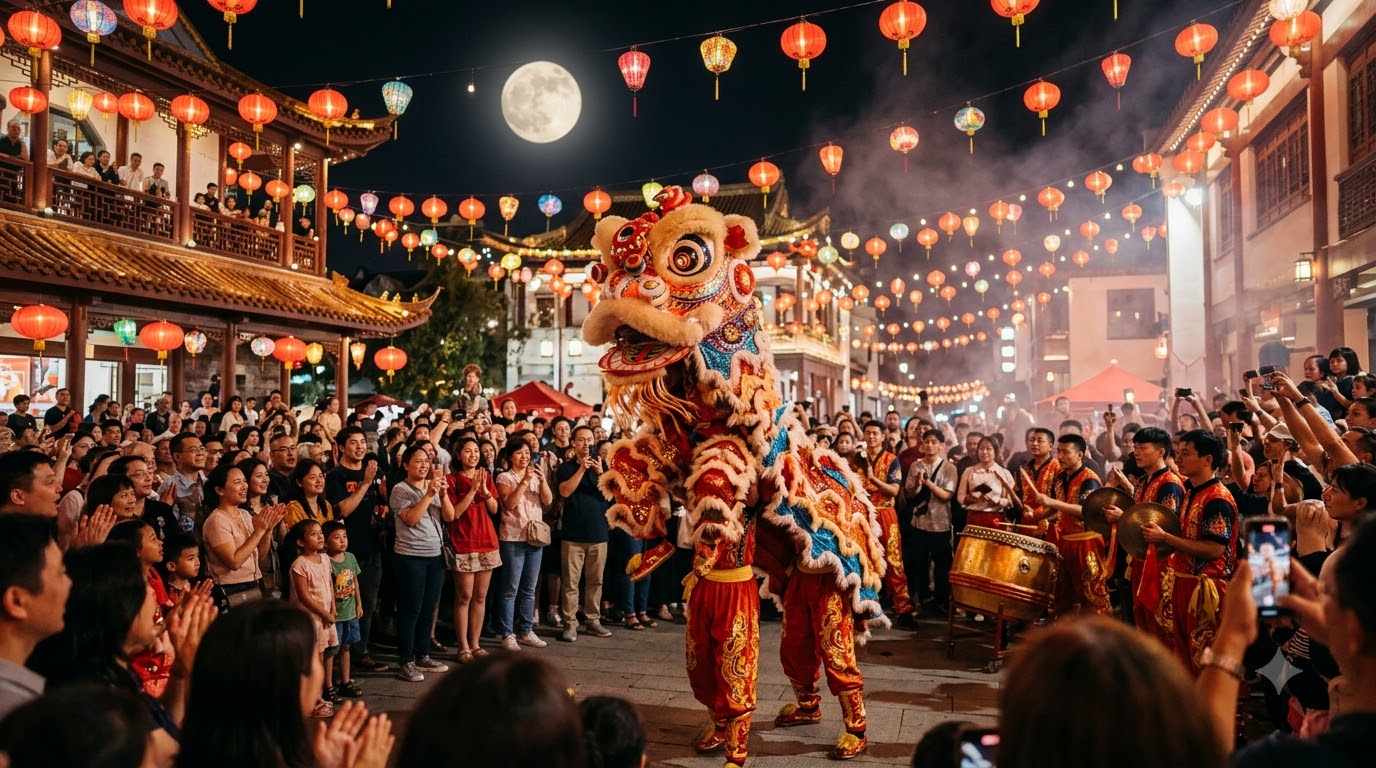 Không khí múa lân đêm rằm tháng Tám lung linh ánh đèn Đoàn múa lân biểu diễn vào buổi tối giữa không gian lễ hội Trung Thu với ánh đèn trang trí