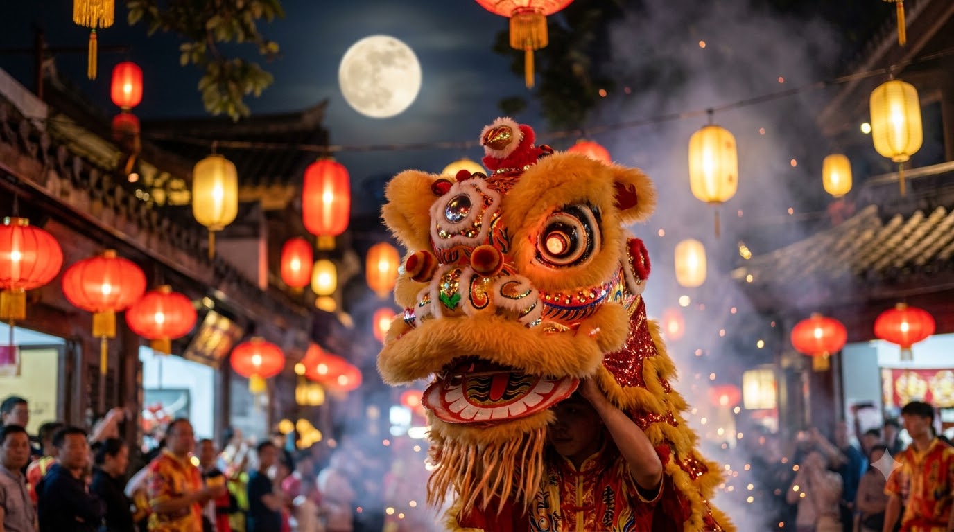 Khoảnh khắc giao lưu giữa đoàn múa lân và người xem trong lễ hội Đoàn lân giao lưu cùng khán giả trong đêm Trung Thu với không khí vui vẻ và hào hứng